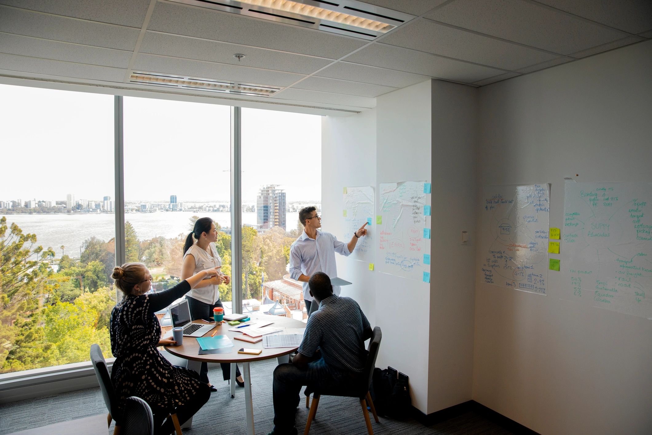 Business team collaborating in a conference room with process notes and planning boards