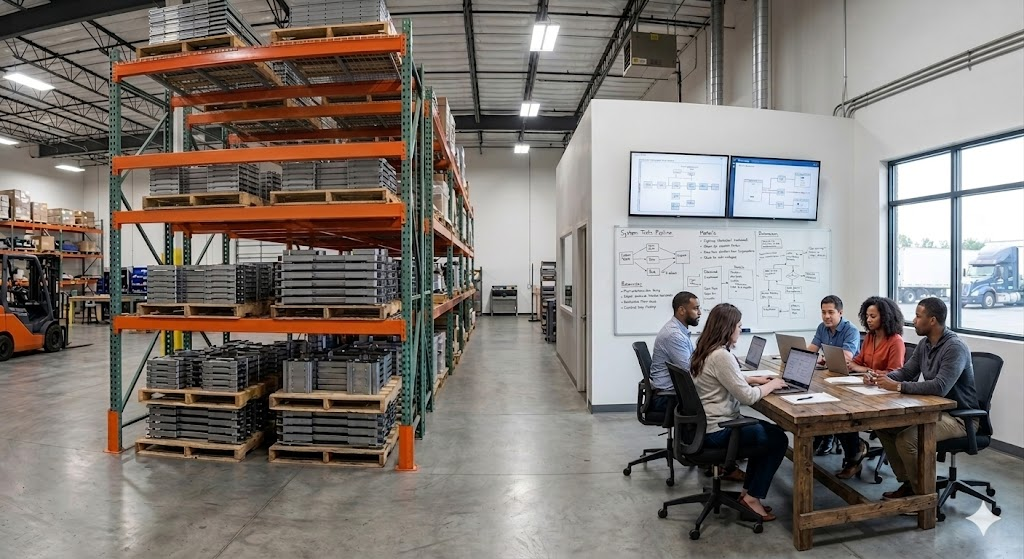 Composite image showing manufacturing operations and office process planning behind E2E Value Chain Focus